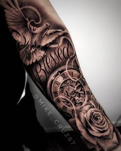 a man's arm with a clock and roses on it