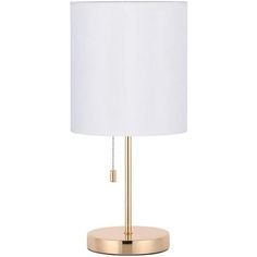 a gold table lamp with a white shade on the base and a white lampshade