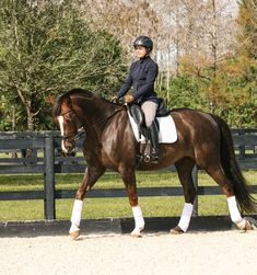 a woman riding on the back of a brown horse next to a wooden fence with trees in the background