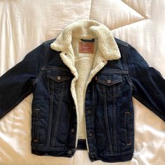 Levi’s Sherpa Lined Denim Jacket Size Xs, Never Worn, In New Condition Blue Cotton Denim Jacket For Cold Weather, Levi's Denim Winter Outerwear, Levi's Dark Wash Cotton Outerwear, Levi's Denim Jacket For Winter, Levi's Winter Outerwear In Medium Wash, Levi's Denim Blue Winter Jacket, Levi's Denim Blue Jacket For Winter, Denim Sherpa Jacket Outfit, Sherpa Jacket Outfit