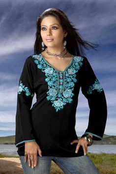 Black Tunic Top, Women's Tunic, Western Top, Black Hippie Top, Embroidery tunic for Women,black elegant blouse, black embroidered blouse The Tunic is made of Premium crepe fabrics Long sleeve The embroidery pattern of the tunic makes it unique and striking. Machine washable. Mid-thigh length dress Wash Care: 🔸Machine wash or gentle hand wash in cold water. ---- Custom orders are available ---- 🔸We are a custom Design shop! Please contact us if you would like us to customize the tops for your m Elegant Embroidered Neckline Tops For Eid, Elegant Tops With Embroidered Neckline For Eid, Traditional Black Blouse With Resham Embroidery, Festive Embroidered Black Blouse, Festive Black Embroidered Blouse, Black Tops With Resham Embroidery For Festive Season, Black Blouse With Intricate Embroidery, Black Blouse Piece With Intricate Embroidery, Elegant Black Kaftan With Chikankari Embroidery