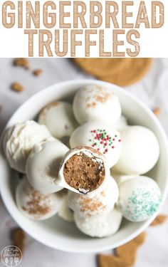 gingerbread truffles in a white bowl with text overlay