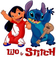 the cartoon lilo and stitch is playing guitar