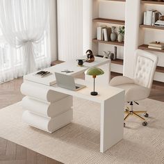 a white desk with a laptop on it in front of a book shelf and window