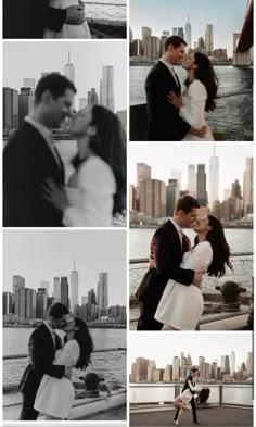 black and white photo collage with couple kissing in front of the city skylines