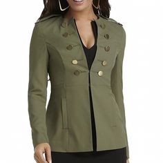 Brand New, With Tags, Kardashian Kollection Military Boyfriend Jacket Blazer In Size S. Lightweight Fitted Blazer Jacket Is In Olive Army Green With Decorative Gold Buttons On Sides With Two Hook Closure Under Bust. Decorative Tabs On Shoulders And Comes With Extra Gold Button. Vintage Jacket Never Worn! Khaki Winter Blazer With Buttons, Khaki Button-up Blazer With Button Cuffs, Khaki Button-up Outerwear For Office, Khaki Blazer With Button Closure For Fall, Khaki Button Closure Outerwear For Office, Elegant Khaki Button-up Outerwear, Elegant Button-up Khaki Outerwear, Khaki Blazer With Button Closure For Work, Khaki Workwear Blazer With Button Closure