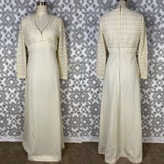 Stunning 60's Or 70's Ivory Maxi Gown From Stacy Ames. It Would Make An Incredibly Glamorous Retro Wedding Dress! It Is A Vintage Size 14-- Closer To A 10/12 By Todays Sizing. The Back Neckline Above The Zipper Has Two Metal Hooks For Closure, But The Eyes Are Mia. They Could Be Added With A Couple Stitches Or It Could Be Worn Without Them. All The Measurements Are Taken Lying Flat: Bust Pit To Pit: 19” “Waist” Band (Which Sits More Under-Bust, Rather Than The Natural Waist): 15.75” Estimated Natural Waist: 17” Length From Shoulder To Bottom Hem: 58” Retro Wedding Dress, Retro Wedding Dresses, Maxi Gown, Retro Wedding, Colored Wedding Dresses, Gown Wedding, Maxi Gowns, Metal Hooks, Gown Wedding Dress