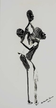 a black and white drawing of a woman dancing with her legs spread out in the air