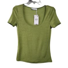 Mng Scoop Neckline Top Green Size Medium Nwt 98% Polyester 2% Elastane Pit To Pit 16" Length 22" Measurements Laying Flat Stretchy Green Scoop Neck T-shirt For Spring, Chic Green Scoop Neck Top, Green Scoop Neck Top For Spring, Batwing Shirt, White Sleeveless Shirt, Double Layer Top, Jeweled Collar, Cutout Shorts, Black Shirts Women