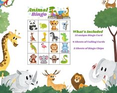 an animal bingo game with animals and giraffes in the background, including one elephant