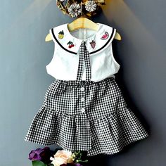 Fashionable Casual Summer School Dresses, Playful Black Summer Dress, Spring Cotton School Dress, Sleeveless School Sets For Spring, Spring School Cotton Dresses, Summer Cotton Sets For Dress-up, Cotton Summer Dress-up Sets, Summer Cotton Dress-up Sets, Sleeveless Summer School Dress