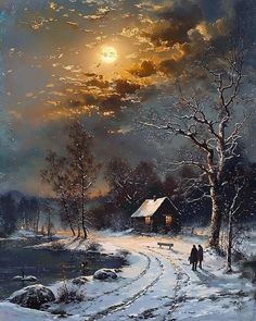 a painting of two people walking in the snow near a cabin on a snowy night