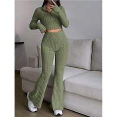 -Item Id 26175142 -Details: Rib-Knit -Neckline: Collar -Sleeve Type: Regular Sleeve -Style: Casual -Color: Dark Green -Pattern Type: Plain -Outerwear Sleeve Length: Extra-Long Sleeve -Outerwear Length: Crop -Pants Length: Long -Outerwear & Pants Material: Fabric -Top Type: Tee -Outerwear & Pants Composition: 96% Polyester, 4% Elastane -Bottom Type: Pants -Pants Body: Unlined -Temperature: Spring/Fall (18-25/63-77) -Fit Type: Slim Fit -Fabric: High Stretch -Care Instructions: Hand Wash Or Profess Spring Knits, Sweater Crop, Top And Pants Set, Flare Leg Pants, Moda Plus, Long Sleeve Turtleneck, Tracksuit Women, Knit Crop Top, Girly Fashion