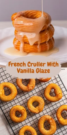 the french cruller with vanilla glaze is sitting on a cooling rack next to some pretzels