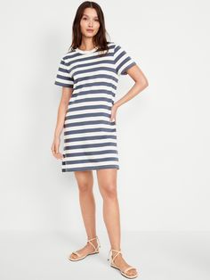 rib-knit crew neck short sleeves vented sides striped print relaxed shift silhouette hits above knee models are approx.  5'9" and wear sizes s (4), l (12), and xl (18) Striped Dresses, Cute Sundress, Mini Cami Dress, Dress Shirt Sleeves, Striped Mini Dress, Striped Short, Old Navy Women, White Striped Dress, Old Navy Dresses