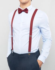 ASOS Bow Tie And Suspenders Gift Set In Burgundy Red Bow Tie Outfit, Bow Tie Outfit, Asos Wedding, Wedding Outfit For Boys, Tie And Suspenders, Tie Outfit, Red Suspenders, Pink Plaid Shirt, Wedding Bow Tie