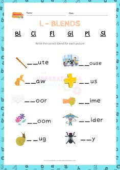 the letter l blends worksheet is shown with pictures and words on it