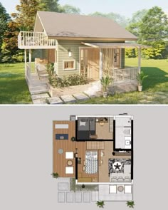 the floor plan for a small house with two levels and an upper level bedroom on top