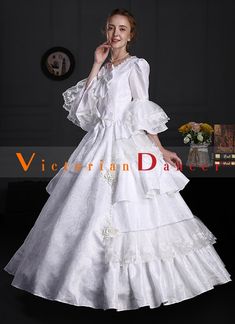 Renaissance White Floral Victorian Lolita Dress     Condition: Brand New   Color:White   Material: This dress made of High Quality Brocade, soft,smooth and comfortable to wear   Sleeve Length: Long Sleeve   Dresses Length:Floor-Length   Neckline: amp;nbsp; O-Neck   Decoration: Ruffles + Lace + Bow   Package Includes: One Dress     The length of skirt about 45 inches (114 cm) long from waist to hem regardless of size. This dress is pictured with a 6-hoop skirt Petticoat underneath to achieve the Fitted White Ball Gown, White Fitted Ball Gown Dress, Fitted White Victorian Dress, Elegant White Full-length Dress, White Elegant Fitted Victorian Dress, White Fitted Elegant Victorian Dress, White Fitted Full-length Dress, White Fitted Victorian Dress With Long Sleeves, White Fitted Full-length Gown