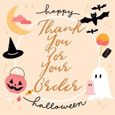 a happy halloween card with pumpkins, ghost and other items in the frame that says thank you for your order