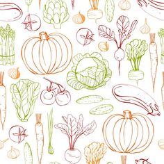 a bunch of vegetables that are drawn in orange and green on a white background royalty illustration