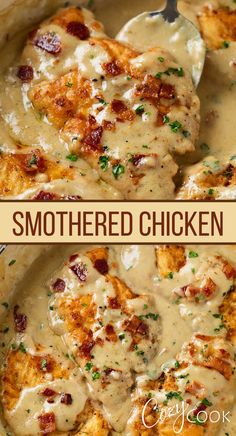 A collage of smothered chicken in gravy with crispy bacon on top. Smothered Chicken Recipe, Juicy Fried Chicken, Arabisk Mad, Resepi Biskut, Fried Chicken Breast, Low Carb Paleo, Thigh Recipes, Recipes Crockpot