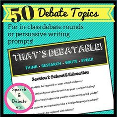 the 50 debate topics poster for students to use in their writing process, with an image of