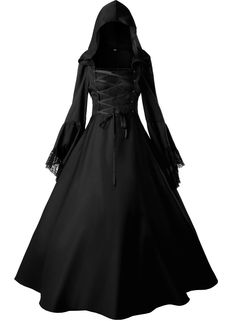 PRICES MAY VARY. This witch dress is made of soft comfortable Cotton Blend;Package include: 1*Witch costume, No petticoat; Black Witch dress, hooded witch costume, floor length, lace-up on front, long trumpet sleeve with rich lace, a belt on the back wasit,the full skirt can accommodate a hoop underneath as shown. The hooded witch dress is perfect for a masquerade ball, dress up parties,Halloween cosplay party, gothic party, steampunk events, Victorian events and any costume party; We offered fr Medieval Ball Gown, Black Witch Dress, Victorian Witch, Dress Medieval, Stile Harry Potter, Vampire Dress, Witch Vampire, Witch Dress, Gothic Victorian