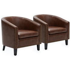 two brown leather chairs sitting next to each other