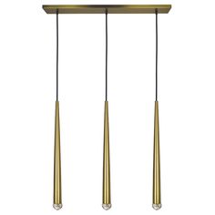 three lights hanging from the ceiling with gold colored metal tubes and black cords on them