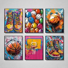 four colorful basketball paintings hanging on a wall