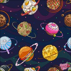 an image of the outer planets with food and drinks on them, as well as other objects