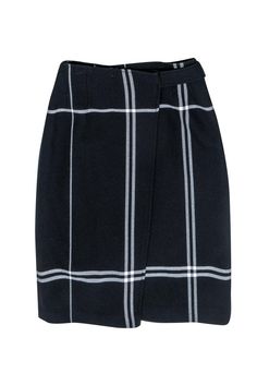 Current Boutique-Club Monaco - Navy Plaid Faux Wrap A-Line Skirt Sz 00 Elegant Plaid Skirt For Work, Plaid Pleated Skirt For Work, Plaid Lined Skirt For Workwear, Spring Plaid Skirt For Work, Chic Fitted Plaid Skirt, Elegant Plaid Knee-length Skirt, Elegant Knee-length Plaid Skirt, Fitted Plaid Skirt For Office, Chic Plaid Midi Skirt