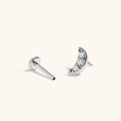 Pave Moon Push Pin Flat Back Earring (Titanium - Silver) Nap Earrings, Staple Earrings, Lobe Piercings, Cartilage Piercings, Tragus Conch, Cartilage Earrings Stud, Flat Back Earrings, Titanium Earrings, 18k Gold Earrings