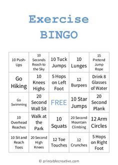 a printable exercise game for kids with the words exercise bingo and instructions on it