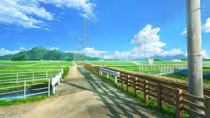 an animated image of a country road with power lines and green fields in the background