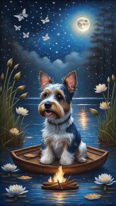 a painting of a dog sitting on a boat in the water with flowers and butterflies around it