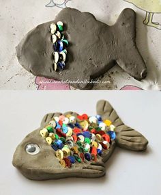 there are two pictures of clay fish and one has beads on it's eyes