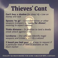 there is a sign that says thief's cant and it has an image of a light bulb in the middle