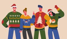 three people wearing christmas sweaters and hats standing next to each other with their hands in the air