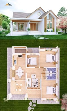 an aerial view of a small house with two floors and one bedroom on the second floor