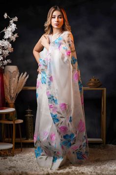 White saree with all over hand-painted floral blossom motifs. - Aza Fashions Saree Women, Saree For Women, White Saree, Silk Organza, Aphrodite, Aza Fashion, Floral Painting, Blossom, Saree