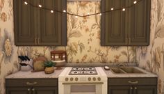 the kitchen is decorated with wallpaper, cabinets and lights above the stove top oven