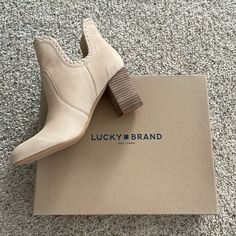 Nwt Women’s Lucky Brand Suede Ankle Boots Size 9.5 Tan Suede With Cute Intricate Stitching. Never Been Worn. Wooden Block Heel. Style: Lk-Sivya Color: Stone Zion We’re Stored Inside Box, In Original Plastic And Tissue With Fresh Paks. Smoke And Pet Free Home. Discontinued Style And Never Worn So Selling At Original Retail Price. Cream Boots With Stacked Heel And Closed Toe, Casual Cream Leather Heeled Boots, Beige Booties With Reinforced Heel For Fall, Fall Beige Booties With Reinforced Heel, Cream Block Heel Booties For Fall, Cream Closed Toe Boots For Fall, Cream Ankle Booties With Stacked Heel, Beige Ankle Booties With Stacked Heel, Ankle Booties With Suede Lining