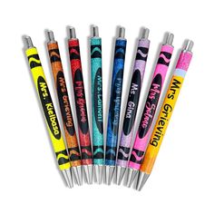 six pens are lined up in a row on top of each other, with different colors