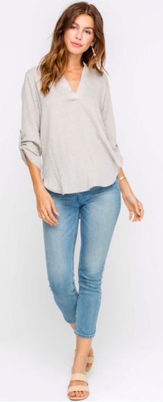 Taupe Roll Tab Sleeve Top Casual Taupe Long Sleeve Tops, Beige Relaxed Fit Top With Roll-up Sleeves, Trendy Long Sleeve Taupe Top, Chic Relaxed Fit V-neck Peasant Top, Taupe V-neck Summer Tops, Boho Boutique, Pink Boho, Boho Chic Fashion, Boho Dress