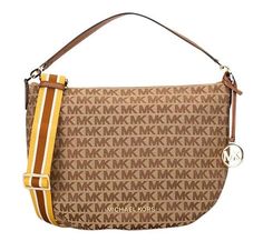 Michael Kors Medium Bedford Crescent Shoulder Bag in Beige/Ebony with gold-tone hardware. Adjustable/removeable crossbody strap. 1 interior zip pocket, 2 interior slip pockets. Brown Canvas Shoulder Bag With Logo, Elegant Brown Bag With Logo Strap, Brown Canvas Logo Bag, Brown Canvas Bag With Logo, Beige Monogram Canvas Bag With Logo, Crescent Bag, Round Purse, Michael Kors Bedford, Brown Tote Bag