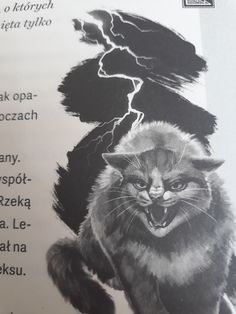 a black and white photo of a cat with its mouth open, standing in front of a lightning bolt