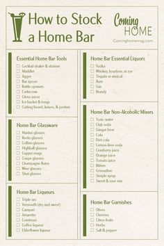 How to stock a home bar infographic Basic Bar Drinks, Bar Checklist, At Home Bar, Mobile Bartending, Home Bar Essentials, Drinking Games For Parties, Cocktails At Home