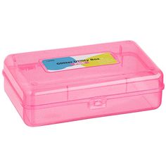 a pink plastic box with a yellow tag on it